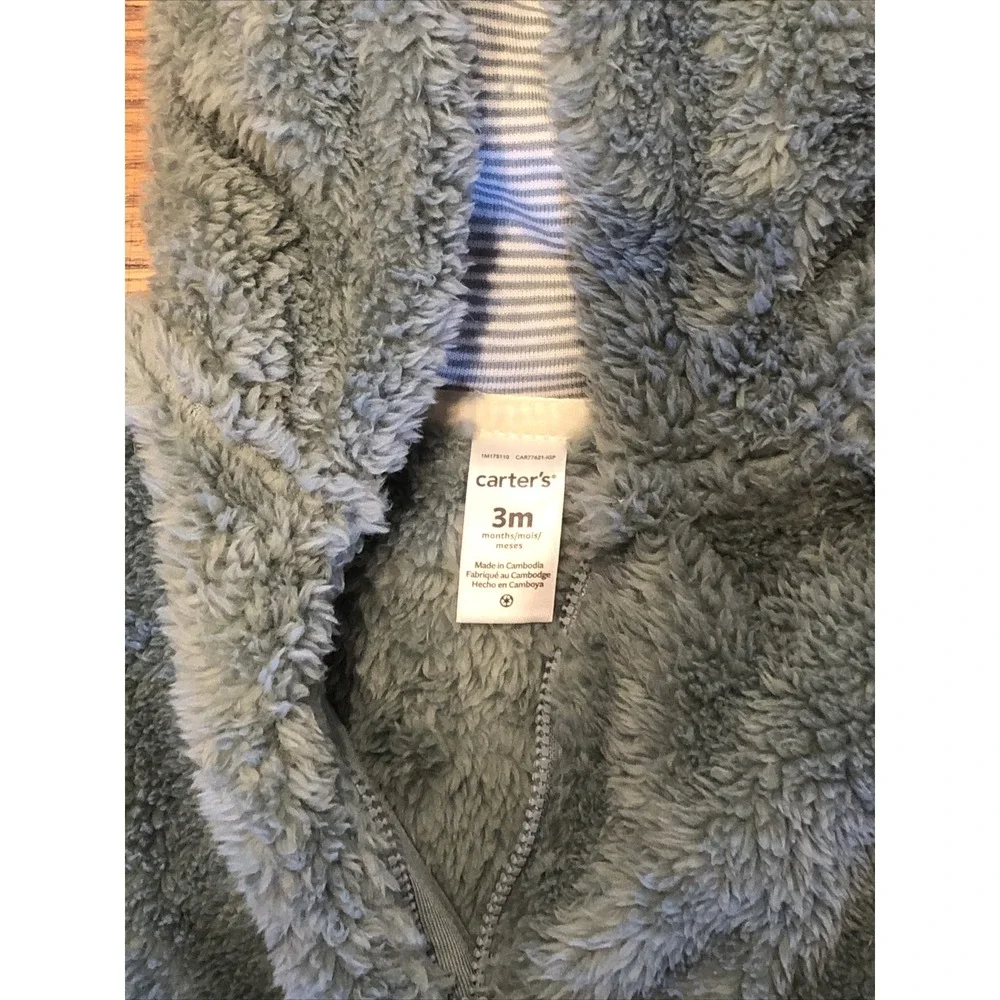 Carter's Hooded Suit Baby Size 3M Sherpa Blue Green Zip Up‎ Gender Neutral